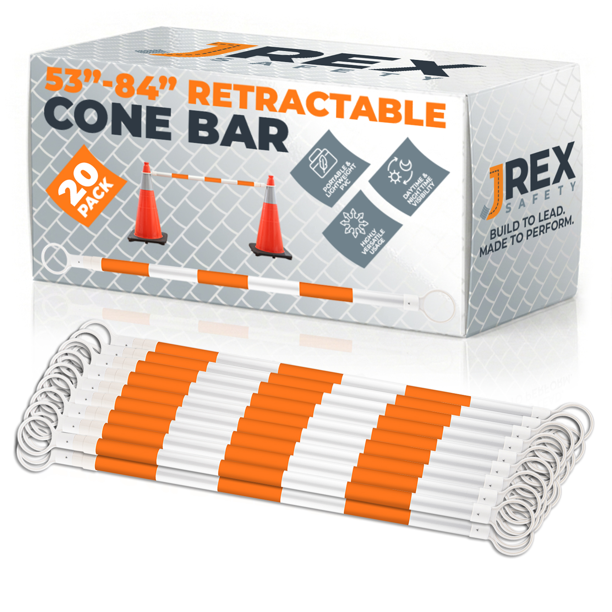 Retractable Cone Bar Orange/White - 53" to 84" Length - 20 Pack